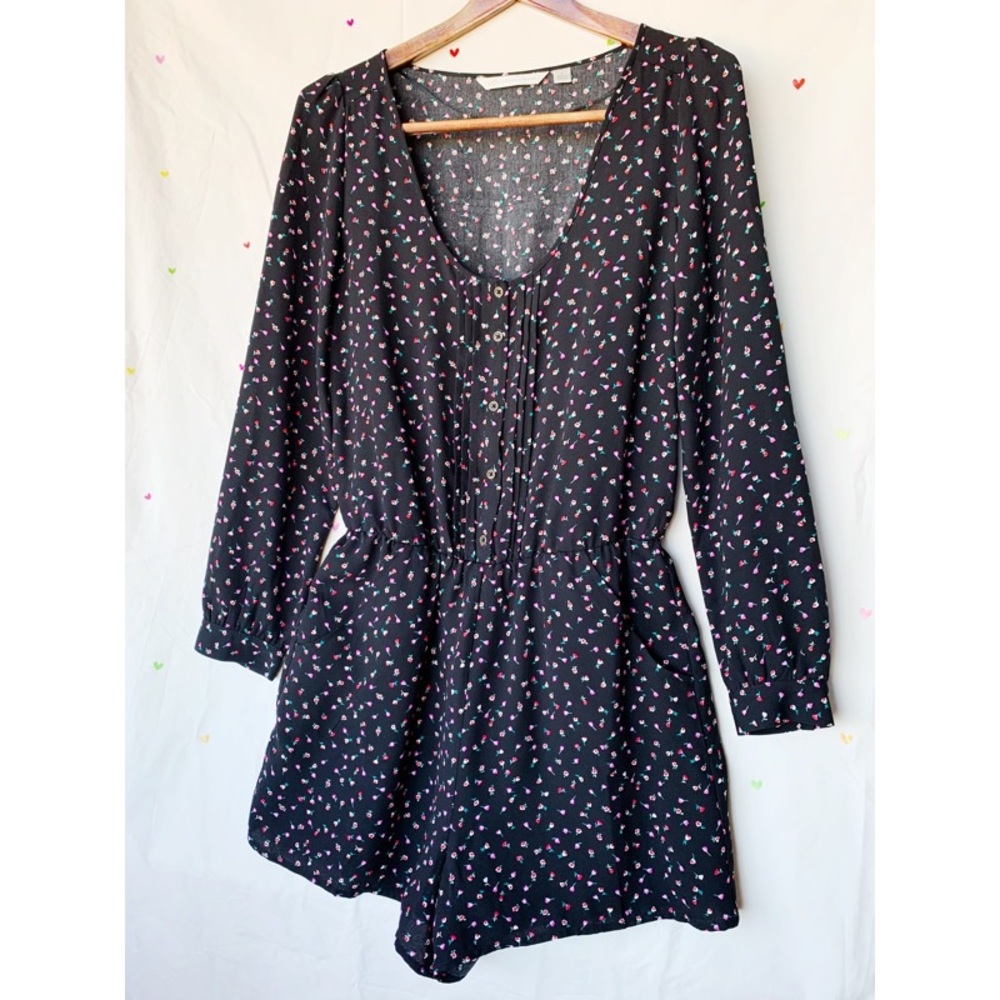 Dark Rose Floral Scoop Romper ~ Black